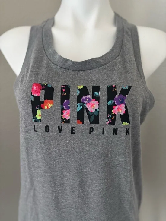 Victoria’s Secret Pink Floral Graphic Logo Open Back Muscle Grey Tank Top Size S - Picture 2 of 6